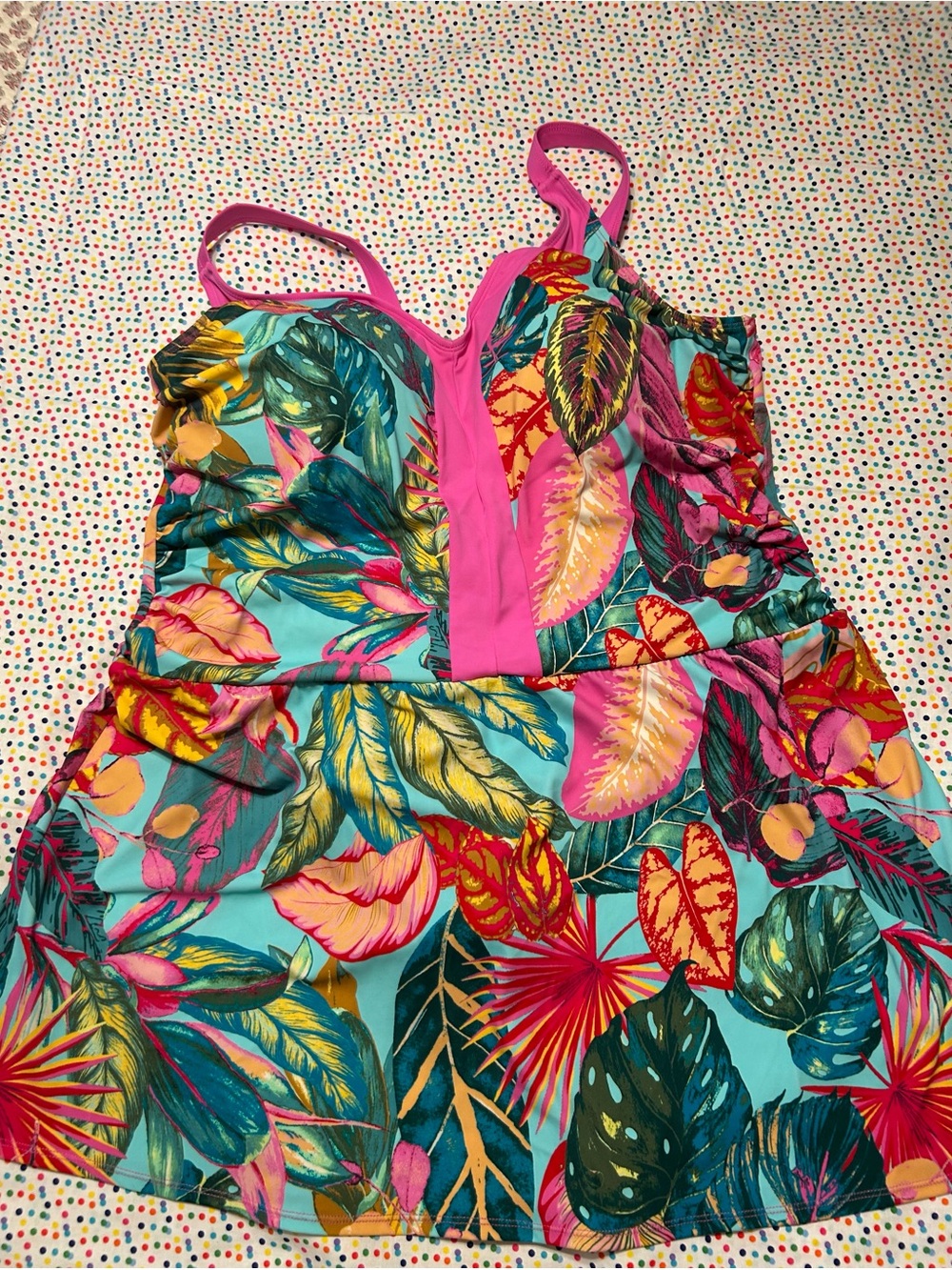 Susan Graver Tropical Floral One-Piece Swim Dress in Teal & Pink
